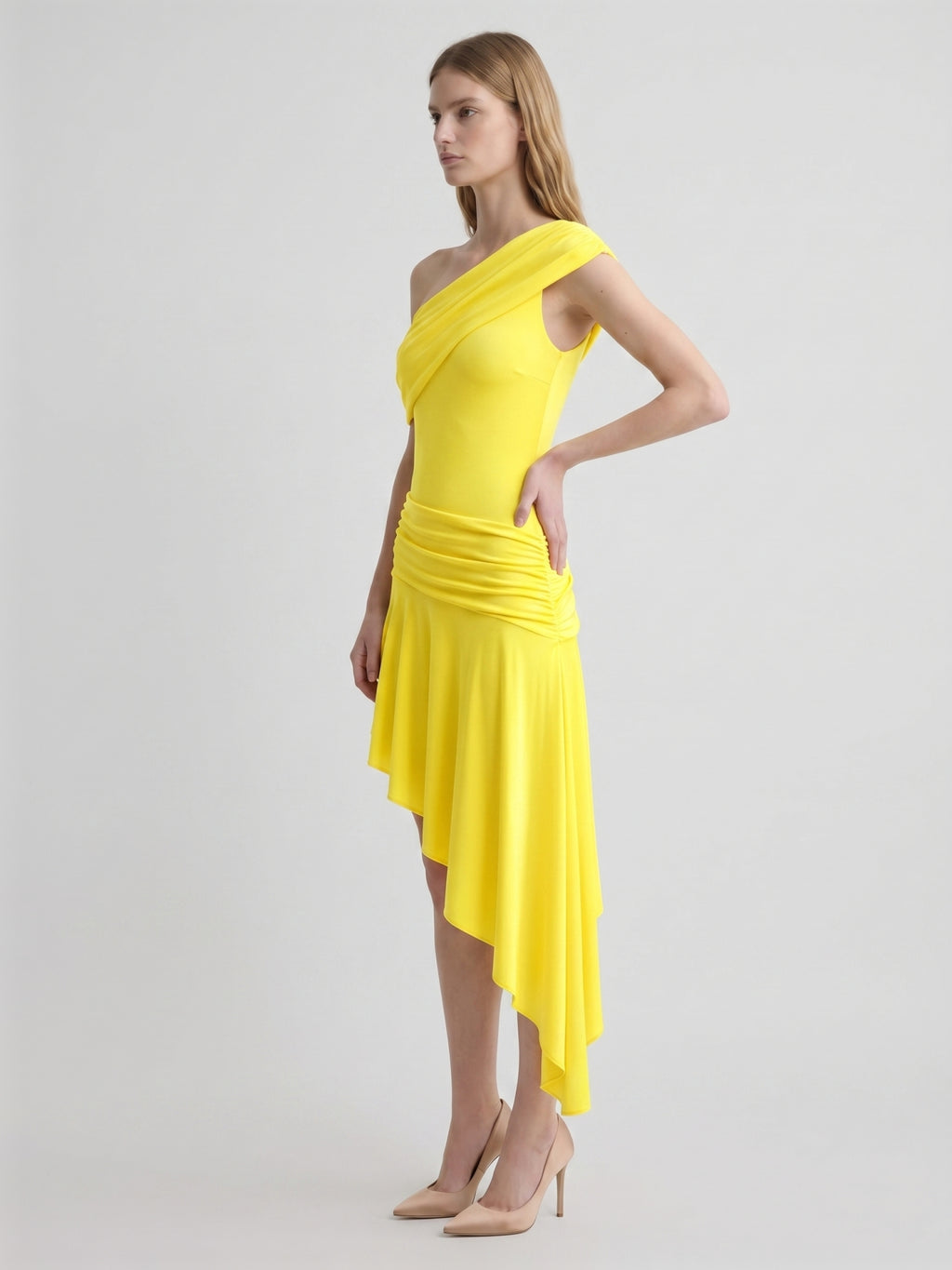 Lemon Stretch Knit A-Line One Shoulder Backless Asymmetrical Bridesmaid Dress with Pleats