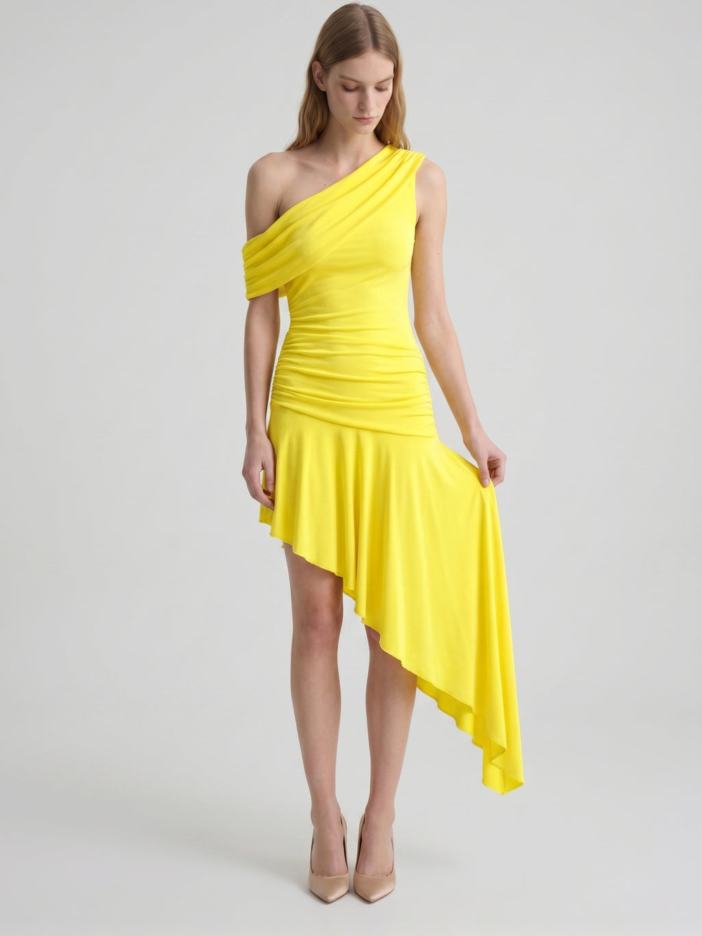 Lemon Stretch Knit A-Line One Shoulder Backless Asymmetrical Bridesmaid Dress with Pleats