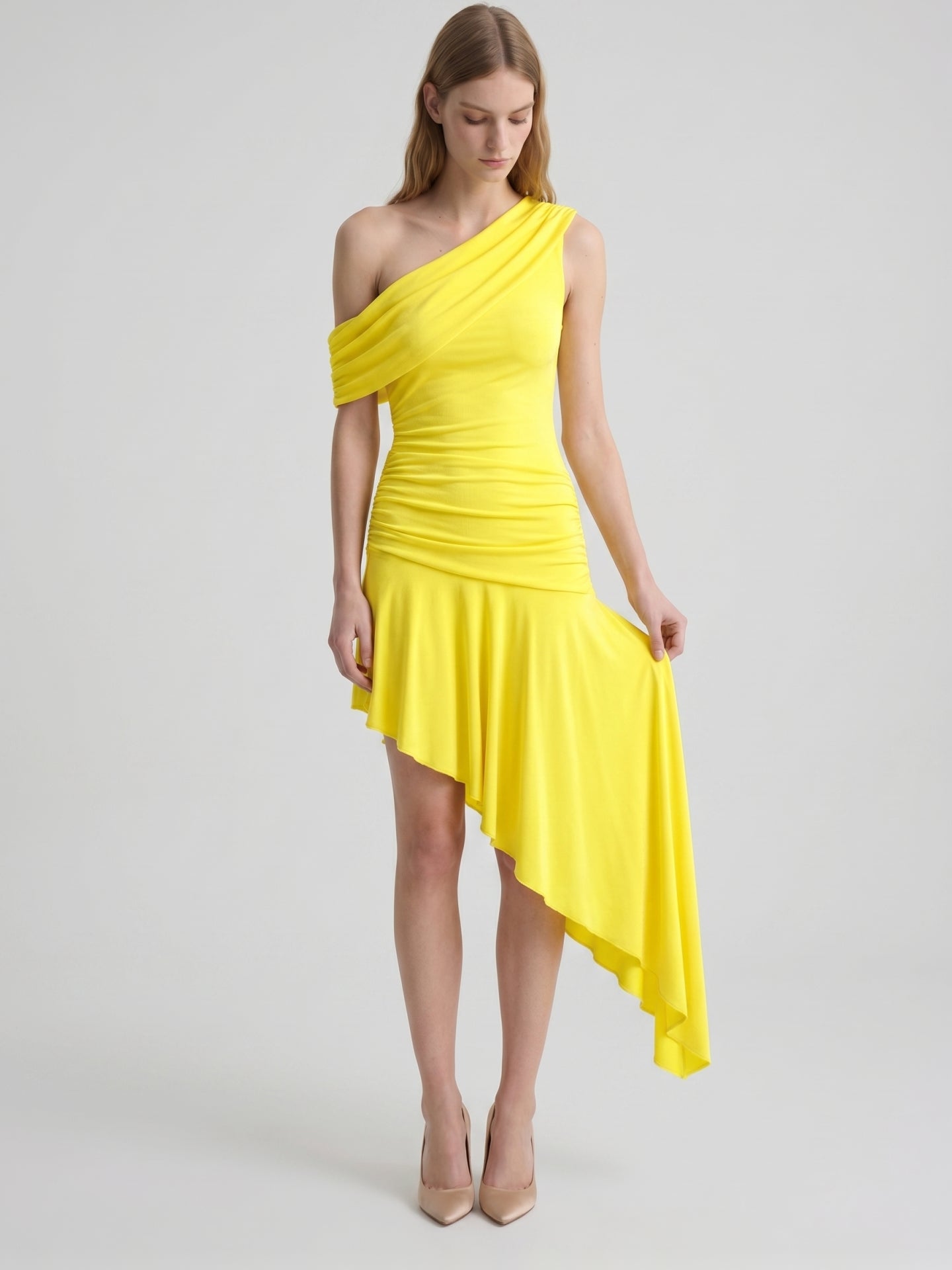 Lemon Stretch Knit A-Line One Shoulder Backless Asymmetrical Bridesmaid Dress with Pleats