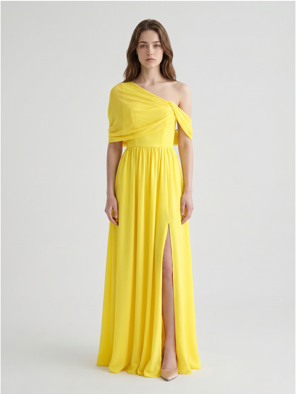Lemon Stretch Knit A-Line One Shoulder Backless Floor-Length Bridesmaid Dress with Pleats
