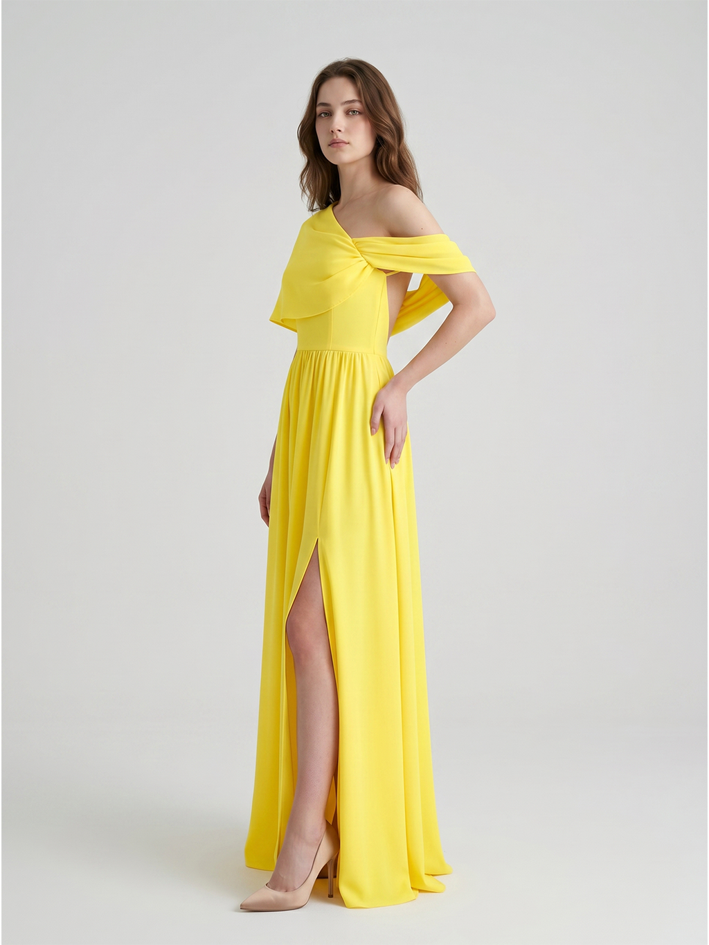 Lemon Stretch Knit A-Line One Shoulder Backless Floor-Length Bridesmaid Dress with Pleats