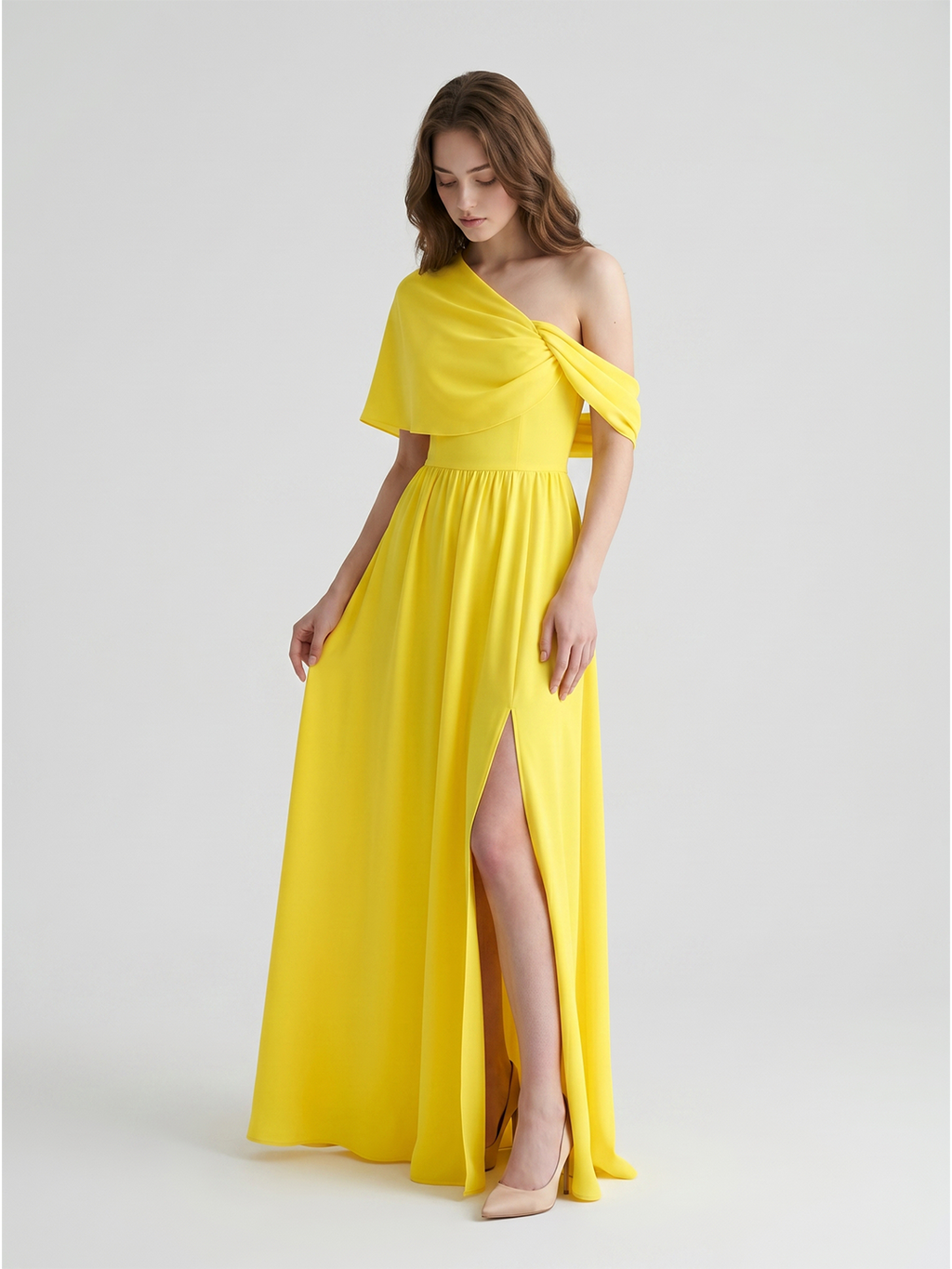 Lemon Stretch Knit A-Line One Shoulder Backless Floor-Length Bridesmaid Dress with Pleats