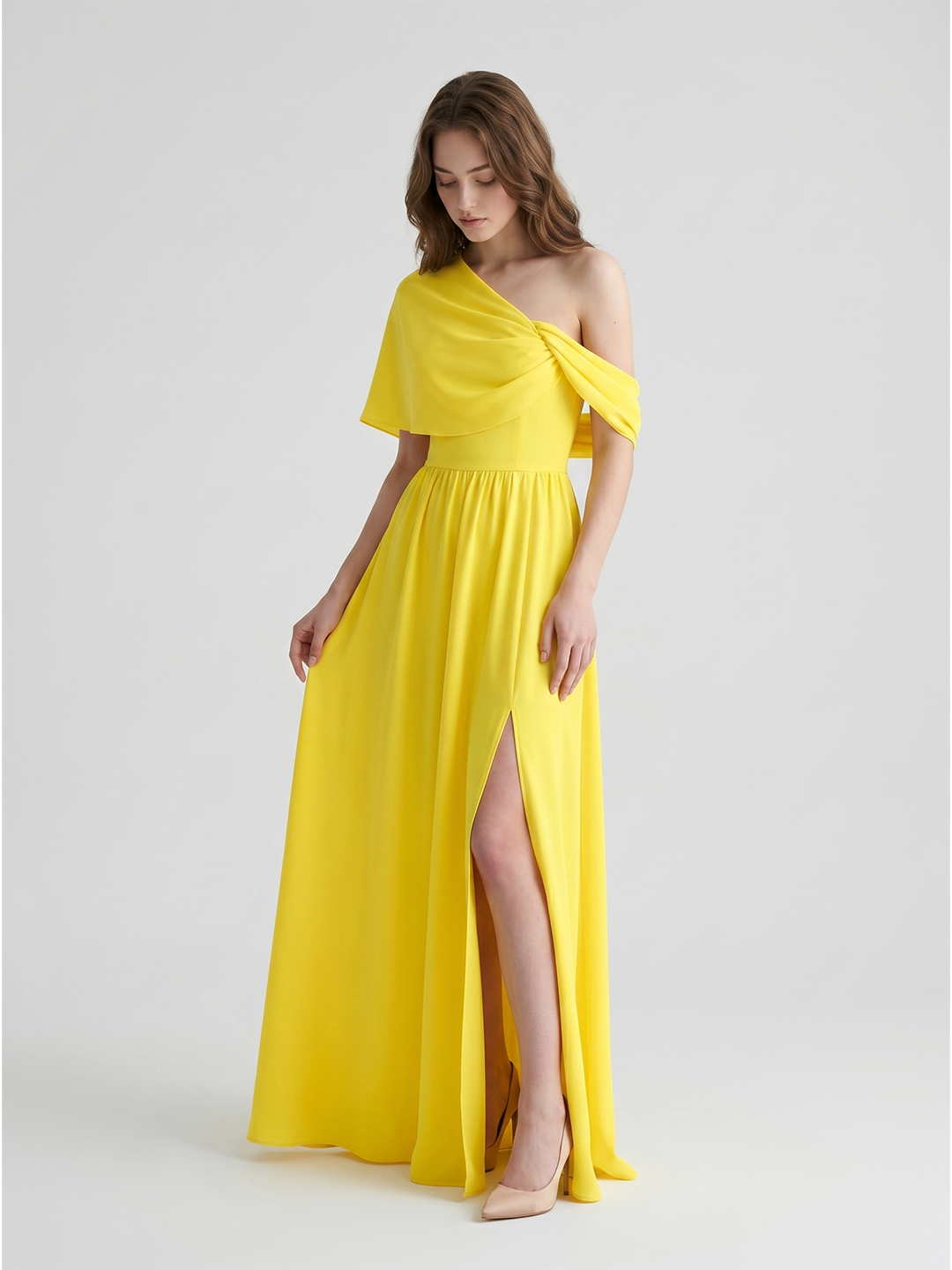 Lemon Stretch Knit A-Line One Shoulder Backless Floor-Length Bridesmaid Dress with Pleats