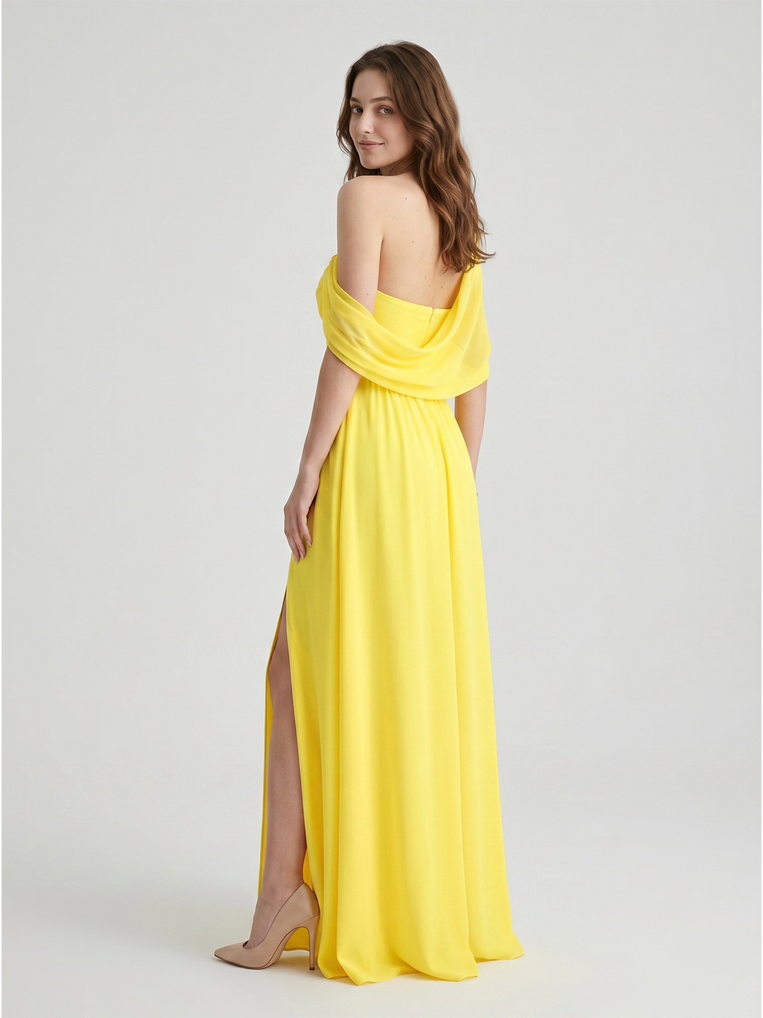 Lemon Stretch Knit A-Line One Shoulder Backless Floor-Length Bridesmaid Dress with Pleats