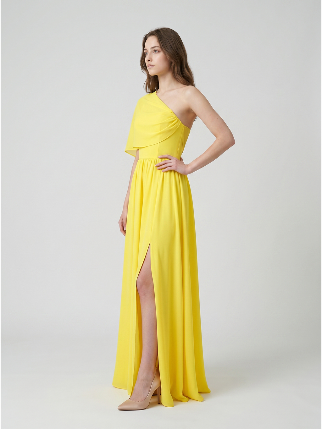 Lemon Stretch Knit A-Line One Shoulder Backless Floor-Length Bridesmaid Dress with Pleats