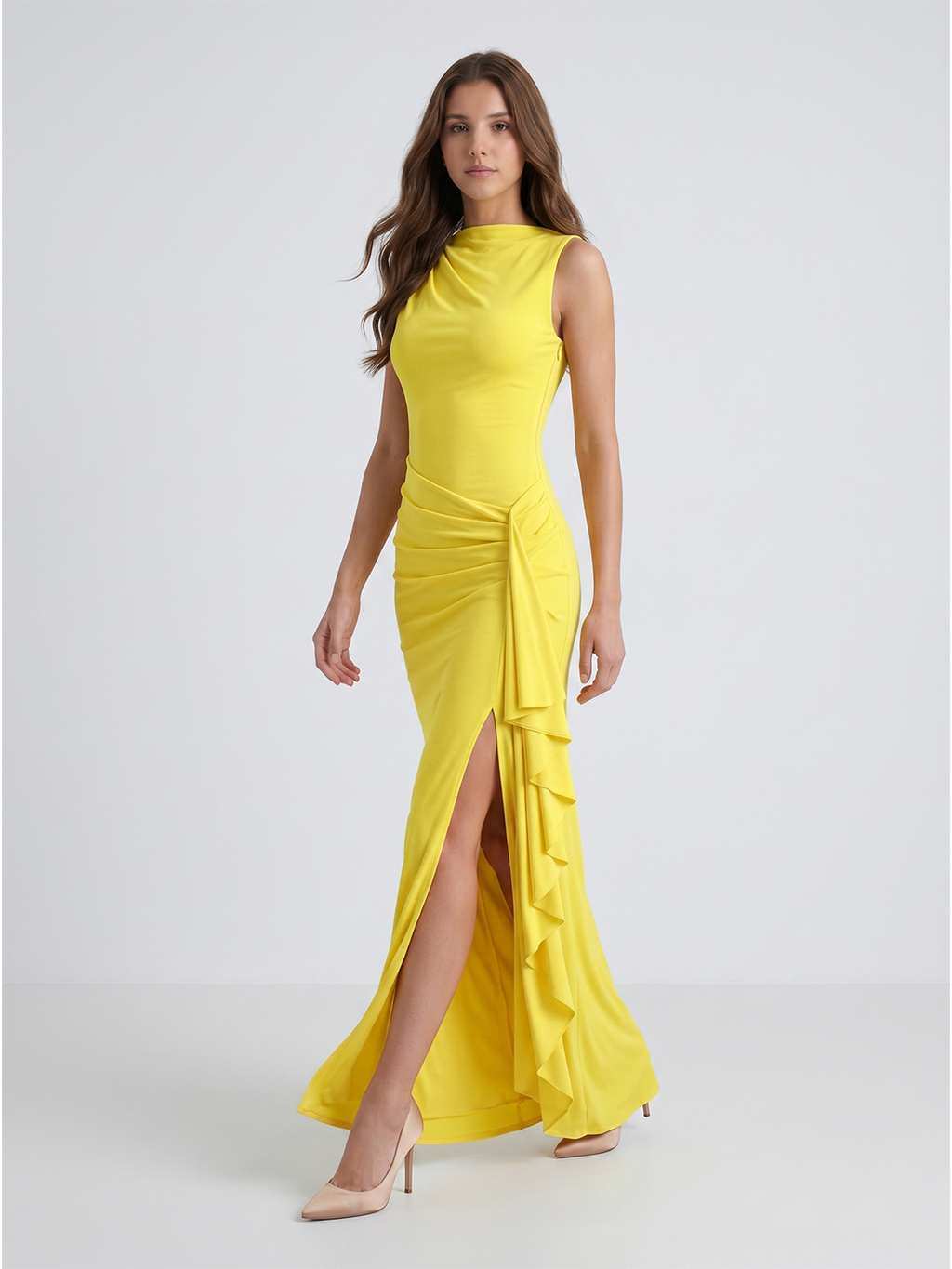 Lemon Stretch Knit A-Line Scoop Neck Back Zip Floor-Length Bridesmaid Dress with Pleats