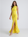 Lemon Stretch Knit A-Line Scoop Neck Back Zip Floor-Length Bridesmaid Dress with Pleats