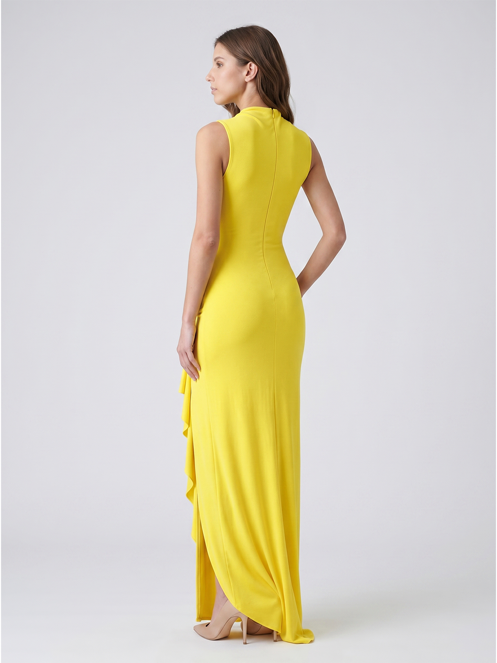 Lemon Stretch Knit A-Line Scoop Neck Back Zip Floor-Length Bridesmaid Dress with Pleats