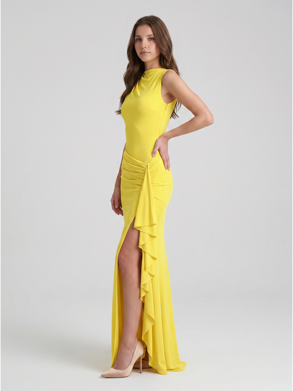 Lemon Stretch Knit A-Line Scoop Neck Back Zip Floor-Length Bridesmaid Dress with Pleats