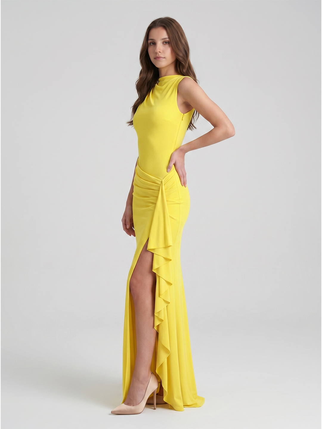 Lemon Stretch Knit A-Line Scoop Neck Back Zip Floor-Length Bridesmaid Dress with Pleats