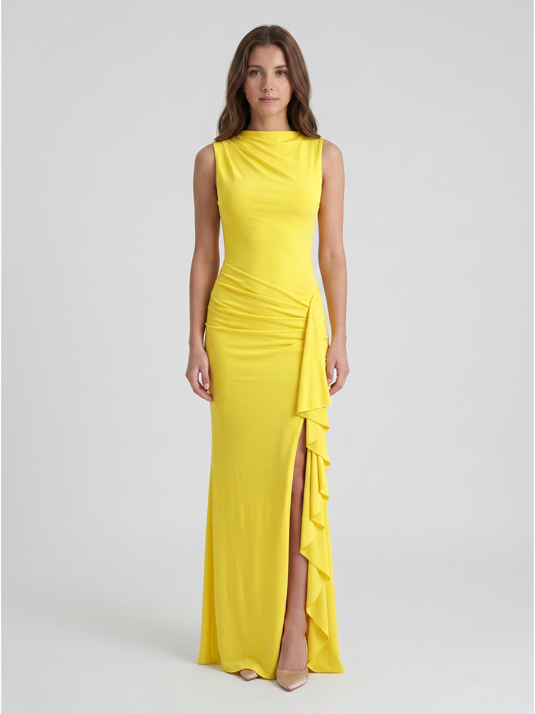 Lemon Stretch Knit A-Line Scoop Neck Back Zip Floor-Length Bridesmaid Dress with Pleats