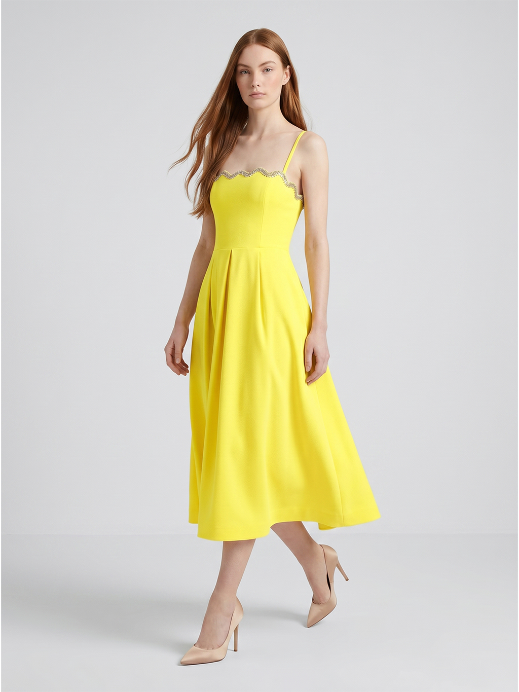 Lemon Stretch Knit A-Line Square Neck Back Zip Knee-Length Bridesmaid Dress with Pleats