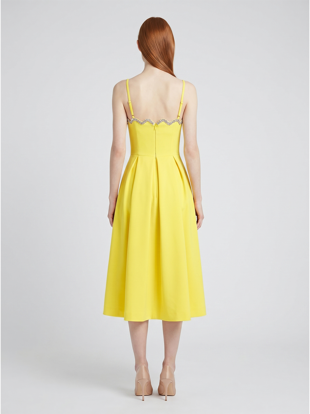 Lemon Stretch Knit A-Line Square Neck Back Zip Knee-Length Bridesmaid Dress with Pleats