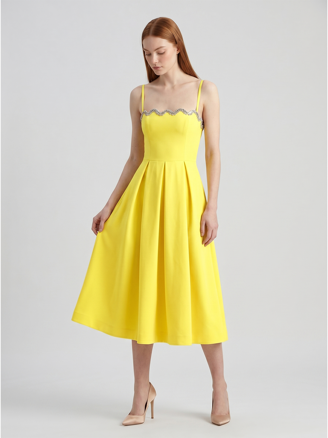 Lemon Stretch Knit A-Line Square Neck Back Zip Knee-Length Bridesmaid Dress with Pleats
