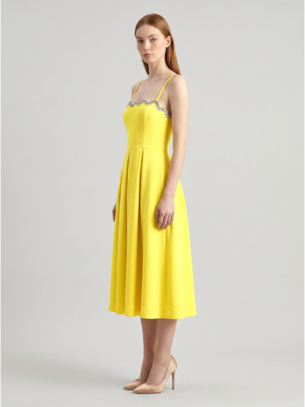 Lemon Stretch Knit A-Line Square Neck Back Zip Knee-Length Bridesmaid Dress with Pleats