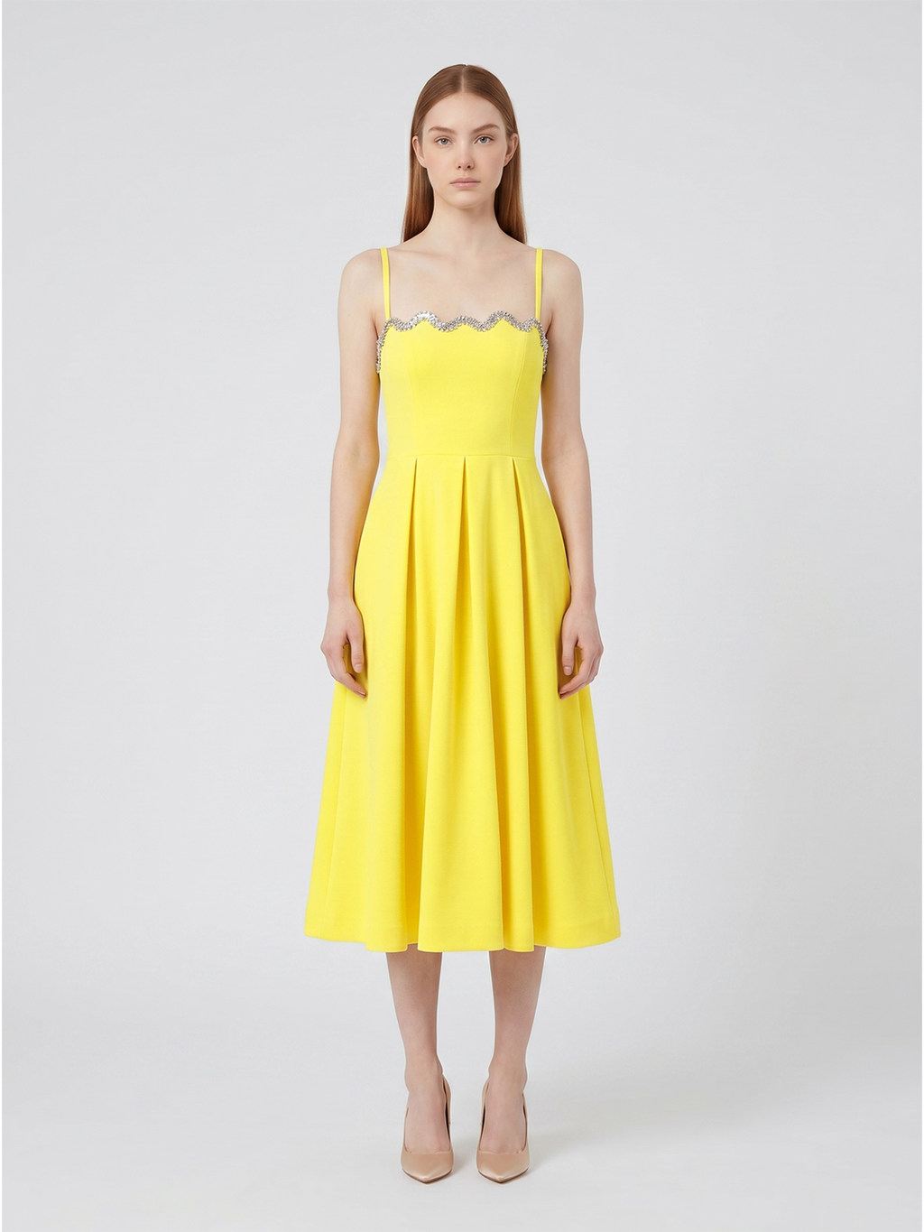 Lemon Stretch Knit A-Line Square Neck Back Zip Knee-Length Bridesmaid Dress with Pleats
