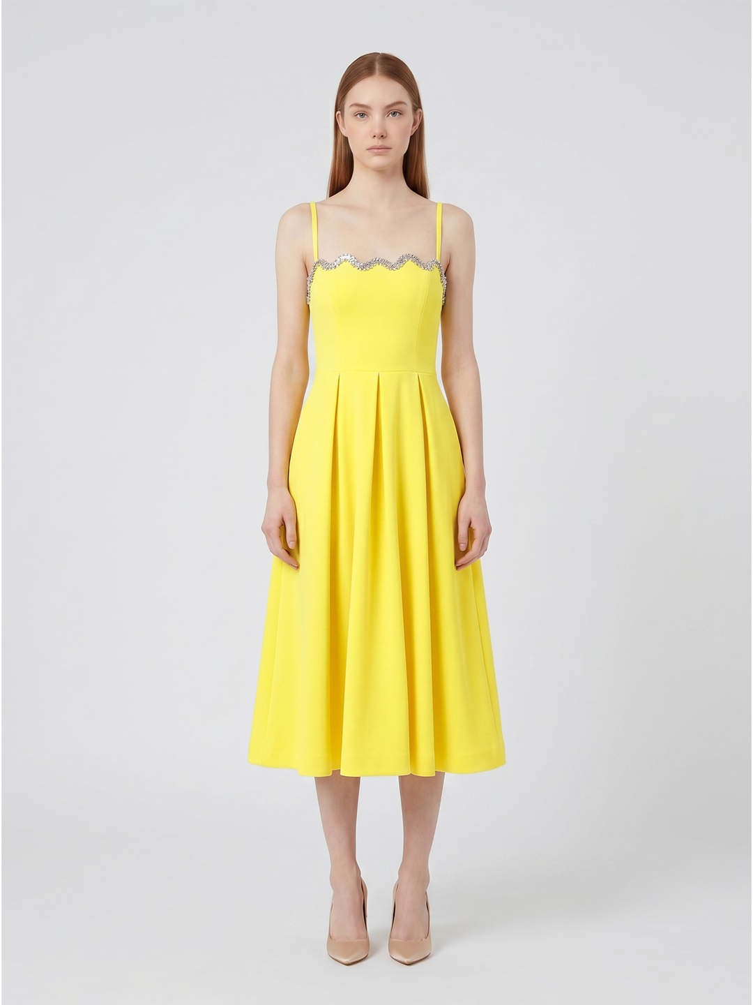 Lemon Stretch Knit A-Line Square Neck Back Zip Knee-Length Bridesmaid Dress with Pleats