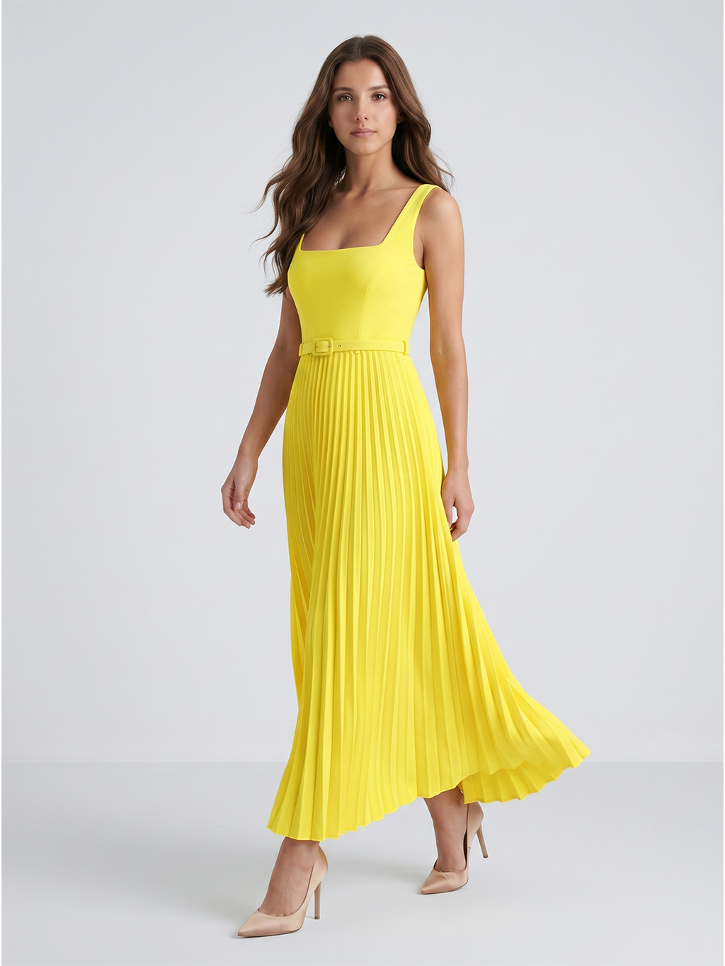 Lemon Stretch Knit A-Line Square Neck Backless Ankle-Length Bridesmaid Dress with Pleats