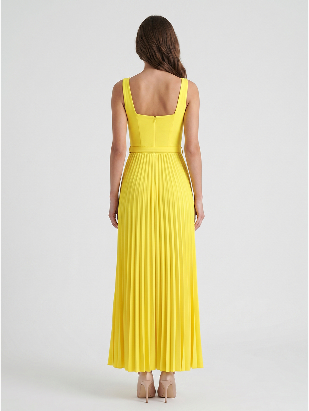 Lemon Stretch Knit A-Line Square Neck Backless Ankle-Length Bridesmaid Dress with Pleats