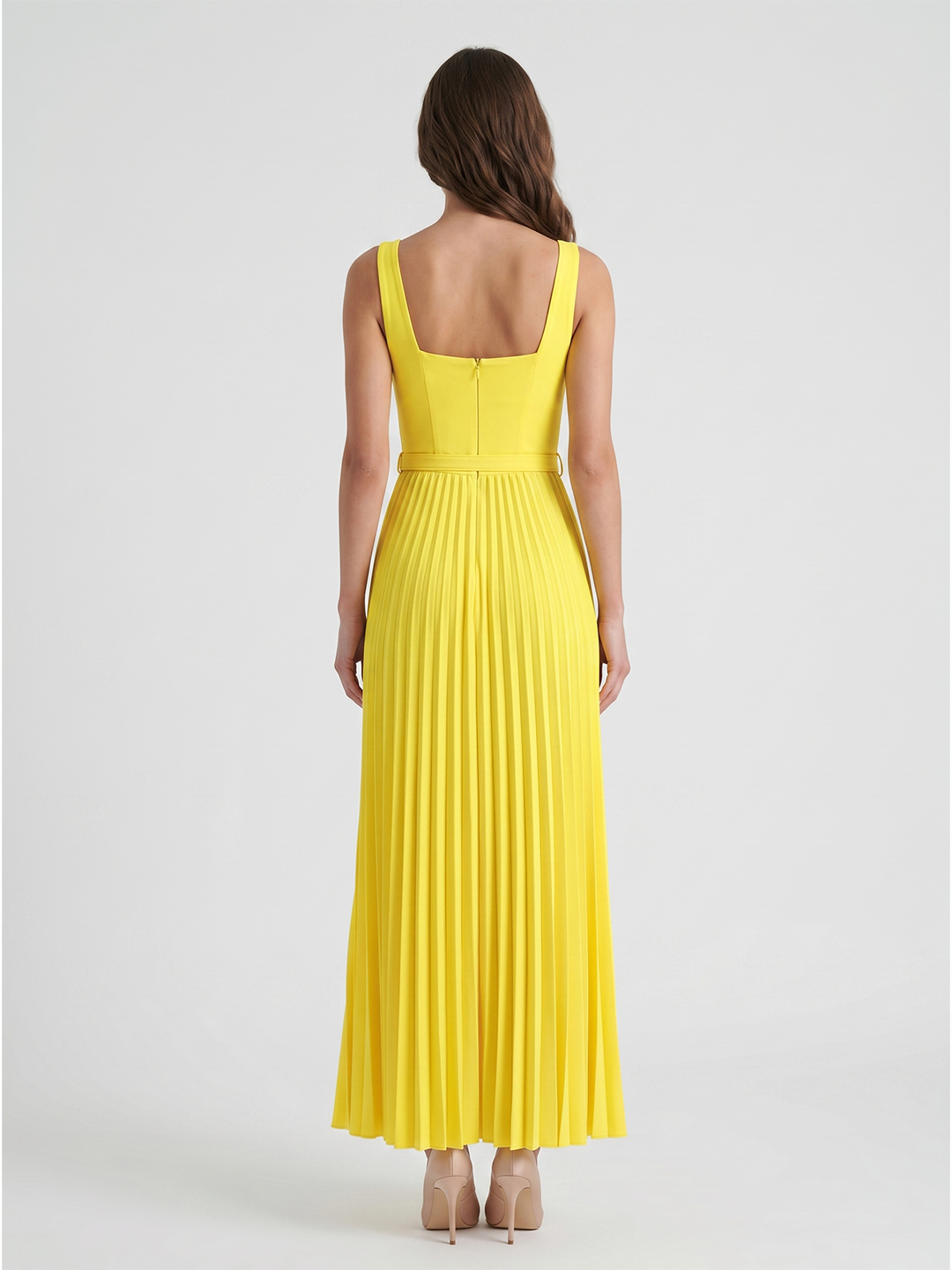 Lemon Stretch Knit A-Line Square Neck Backless Ankle-Length Bridesmaid Dress with Pleats