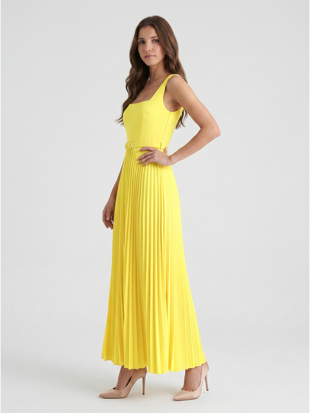 Lemon Stretch Knit A-Line Square Neck Backless Ankle-Length Bridesmaid Dress with Pleats