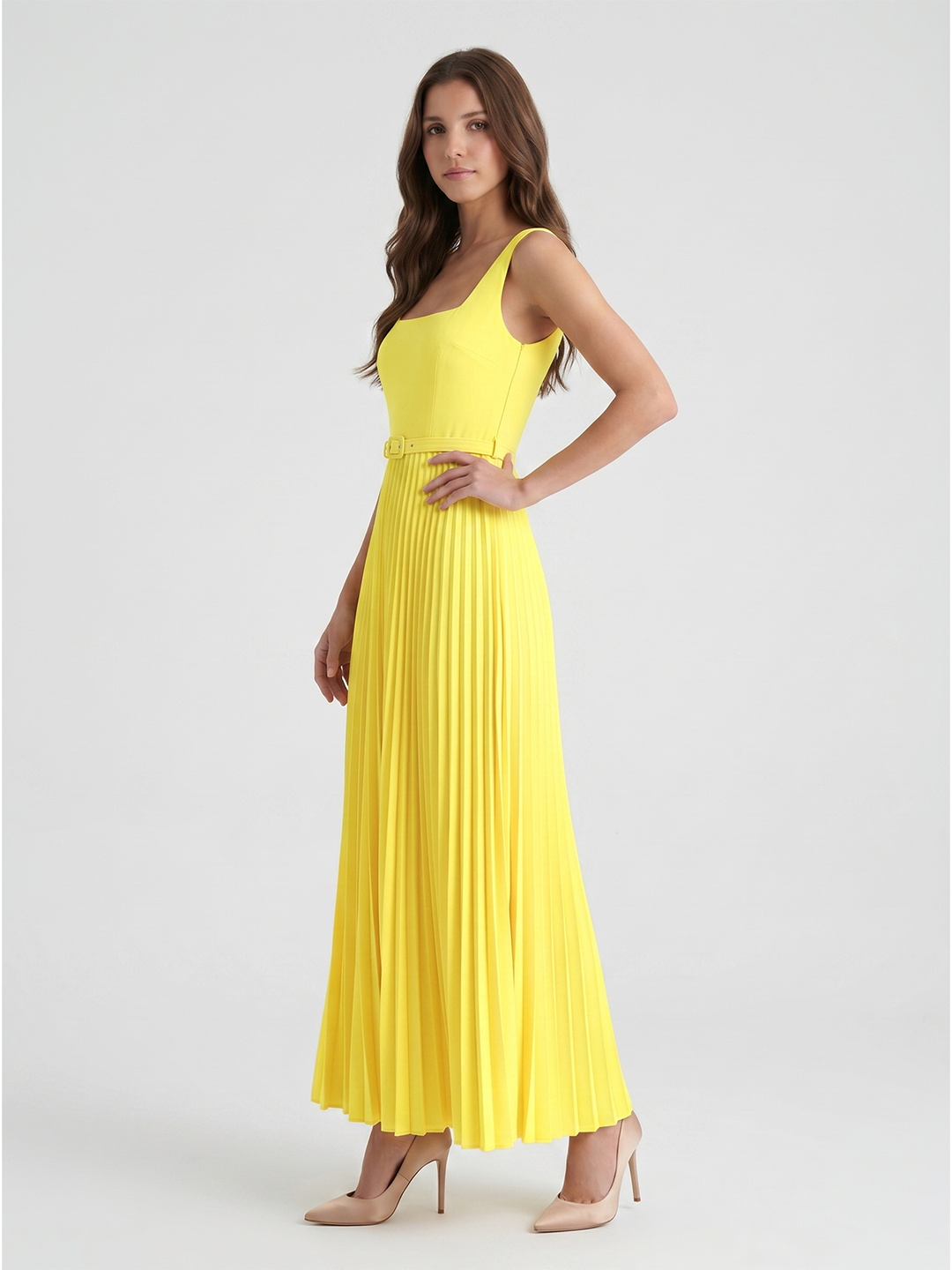 Lemon Stretch Knit A-Line Square Neck Backless Ankle-Length Bridesmaid Dress with Pleats