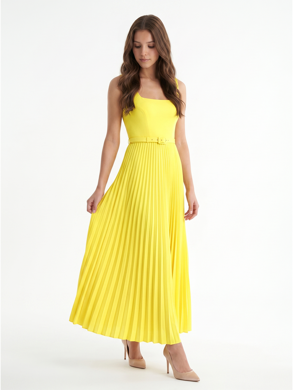 Lemon Stretch Knit A-Line Square Neck Backless Ankle-Length Bridesmaid Dress with Pleats