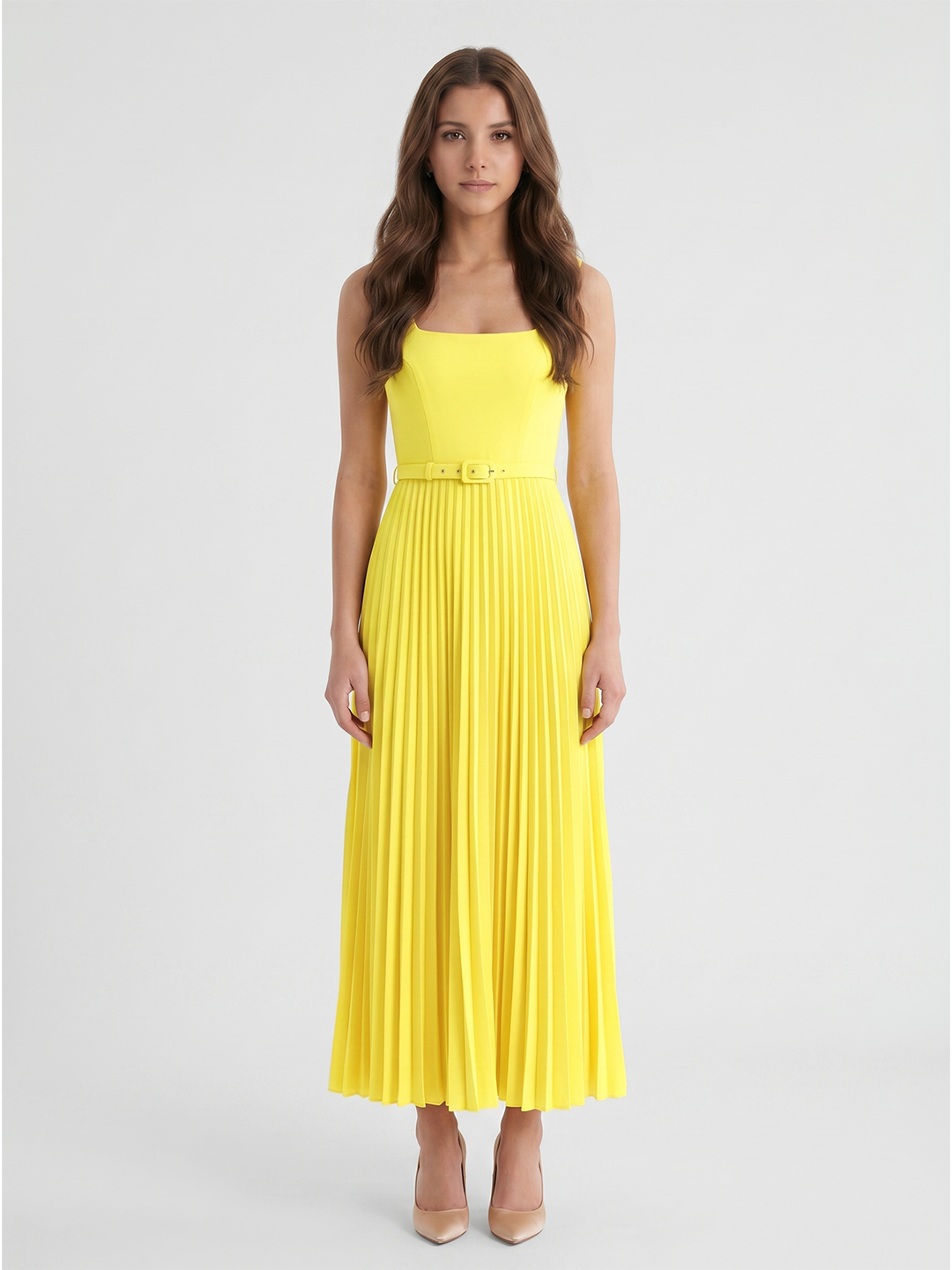 Lemon Stretch Knit A-Line Square Neck Backless Ankle-Length Bridesmaid Dress with Pleats