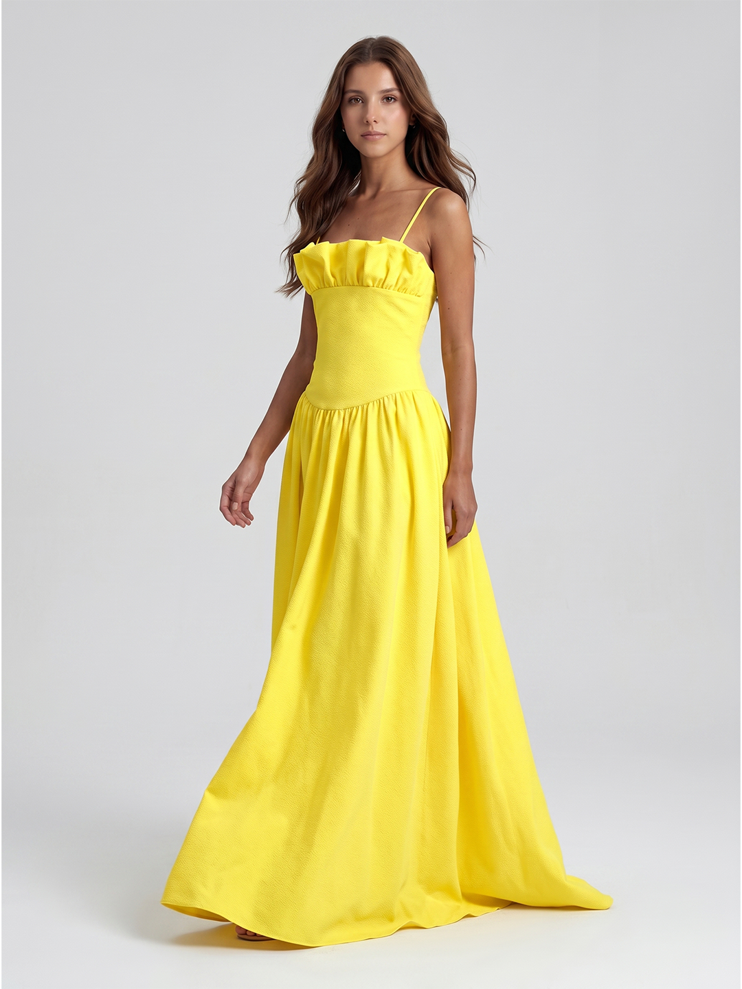 Lemon Stretch Knit A-Line Straight Neck Back Zip Floor-Length Bridesmaid Dress with Ruffles