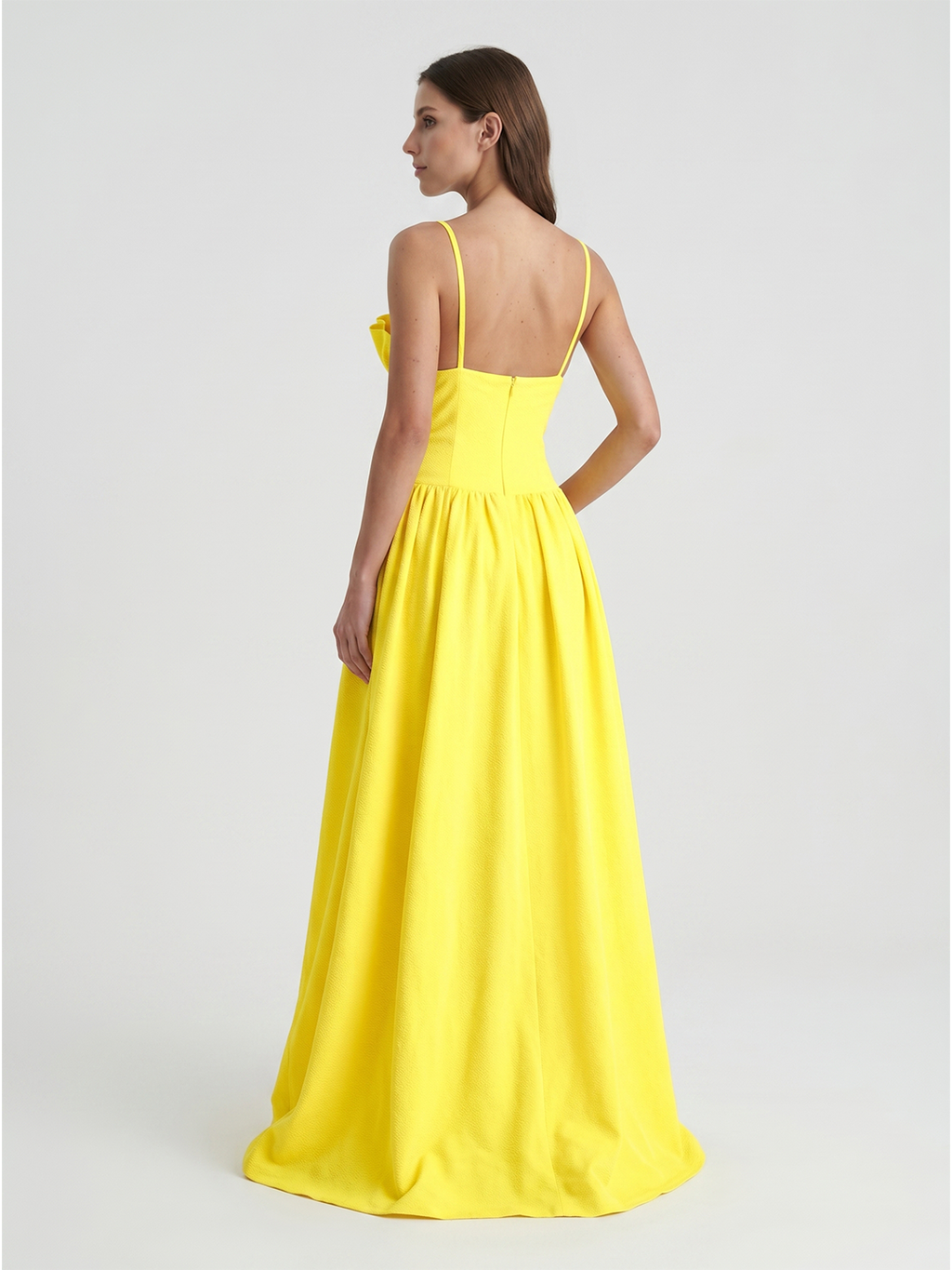 Lemon Stretch Knit A-Line Straight Neck Back Zip Floor-Length Bridesmaid Dress with Ruffles