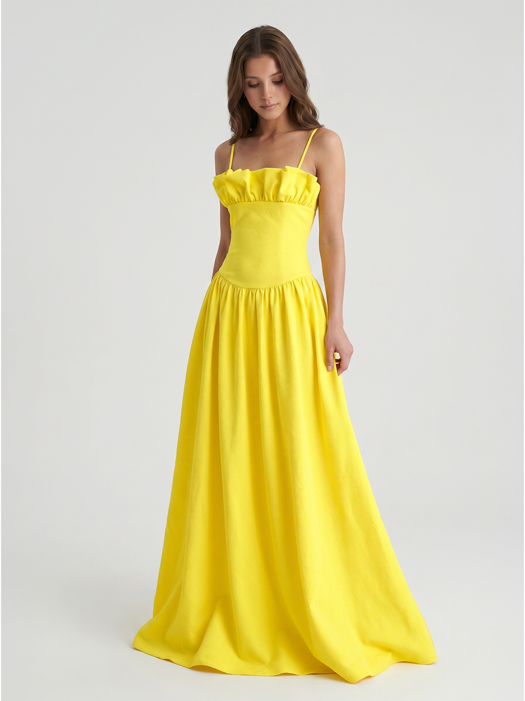 Lemon Stretch Knit A-Line Straight Neck Back Zip Floor-Length Bridesmaid Dress with Ruffles