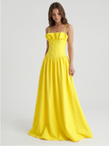Lemon Stretch Knit A-Line Straight Neck Back Zip Floor-Length Bridesmaid Dress with Ruffles