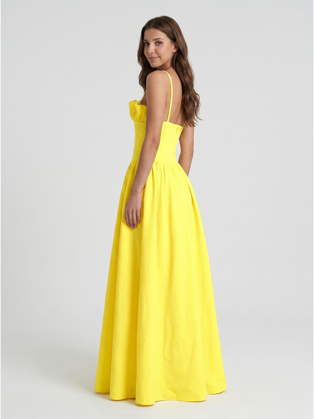 Lemon Stretch Knit A-Line Straight Neck Back Zip Floor-Length Bridesmaid Dress with Ruffles
