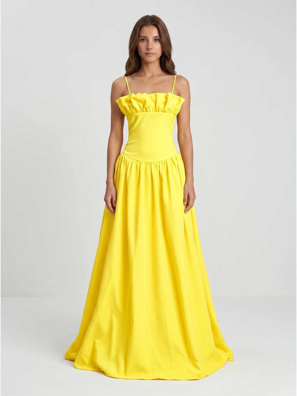 Lemon Stretch Knit A-Line Straight Neck Back Zip Floor-Length Bridesmaid Dress with Ruffles