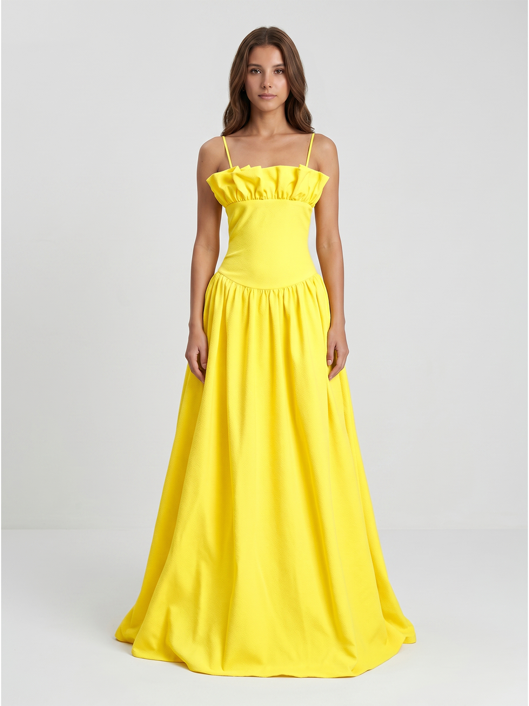 Lemon Stretch Knit A-Line Straight Neck Back Zip Floor-Length Bridesmaid Dress with Ruffles