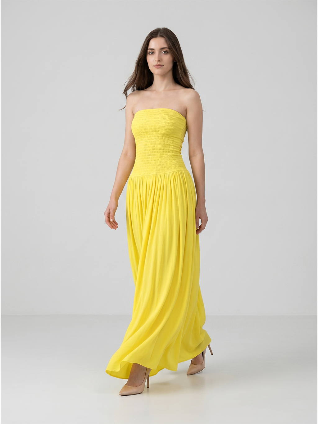 Lemon Stretch Knit A-Line Straight Neck Backless Floor-Length Bridesmaid Dress with Pleats