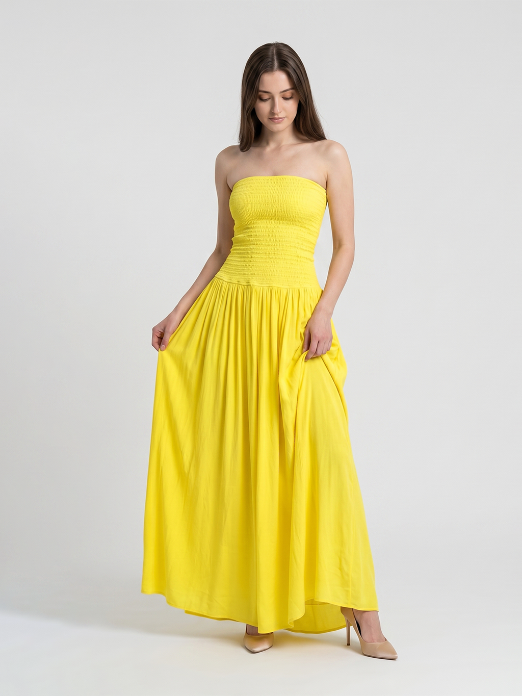 Lemon Stretch Knit A-Line Straight Neck Backless Floor-Length Bridesmaid Dress with Pleats