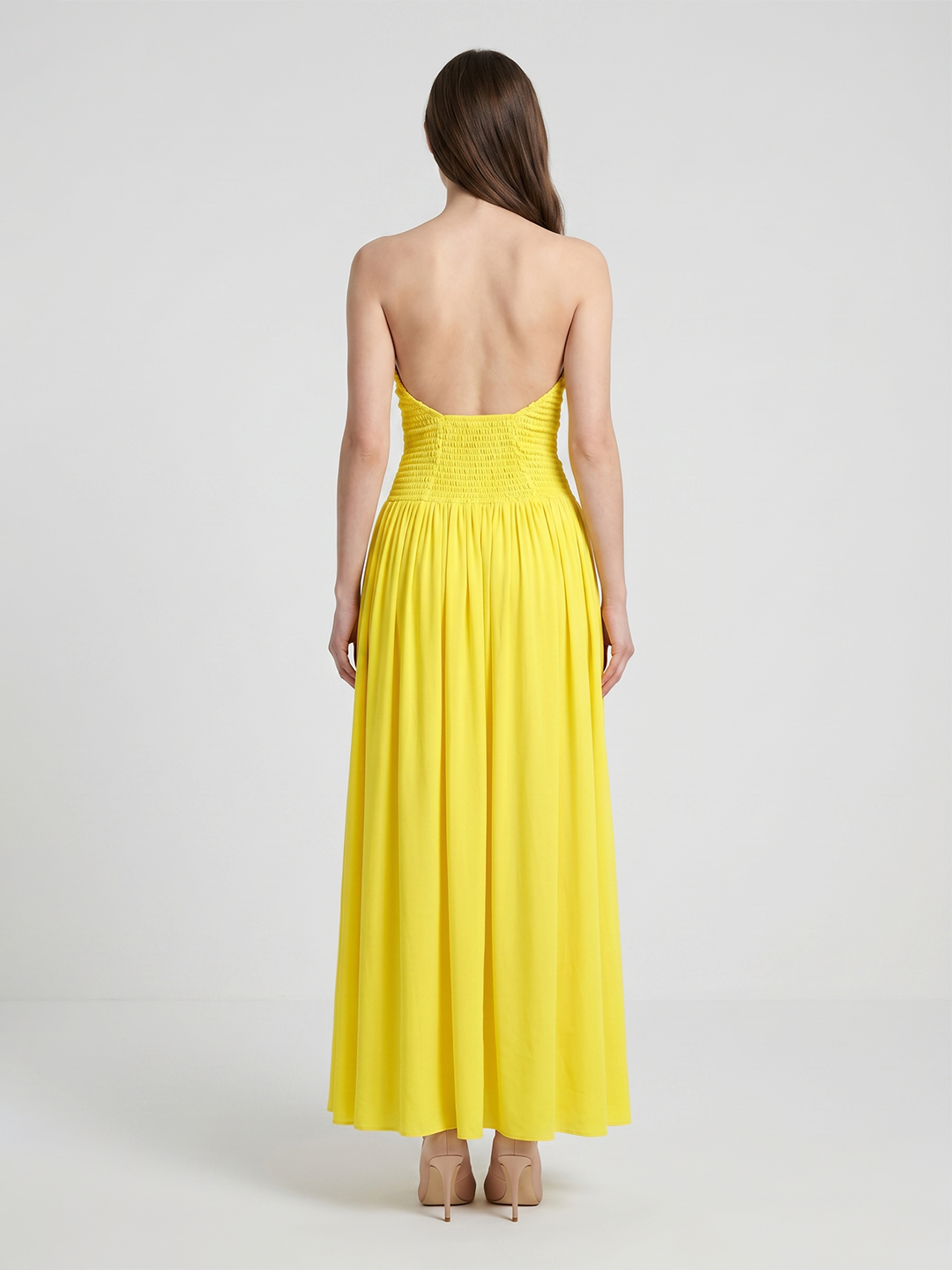 Lemon Stretch Knit A-Line Straight Neck Backless Floor-Length Bridesmaid Dress with Pleats