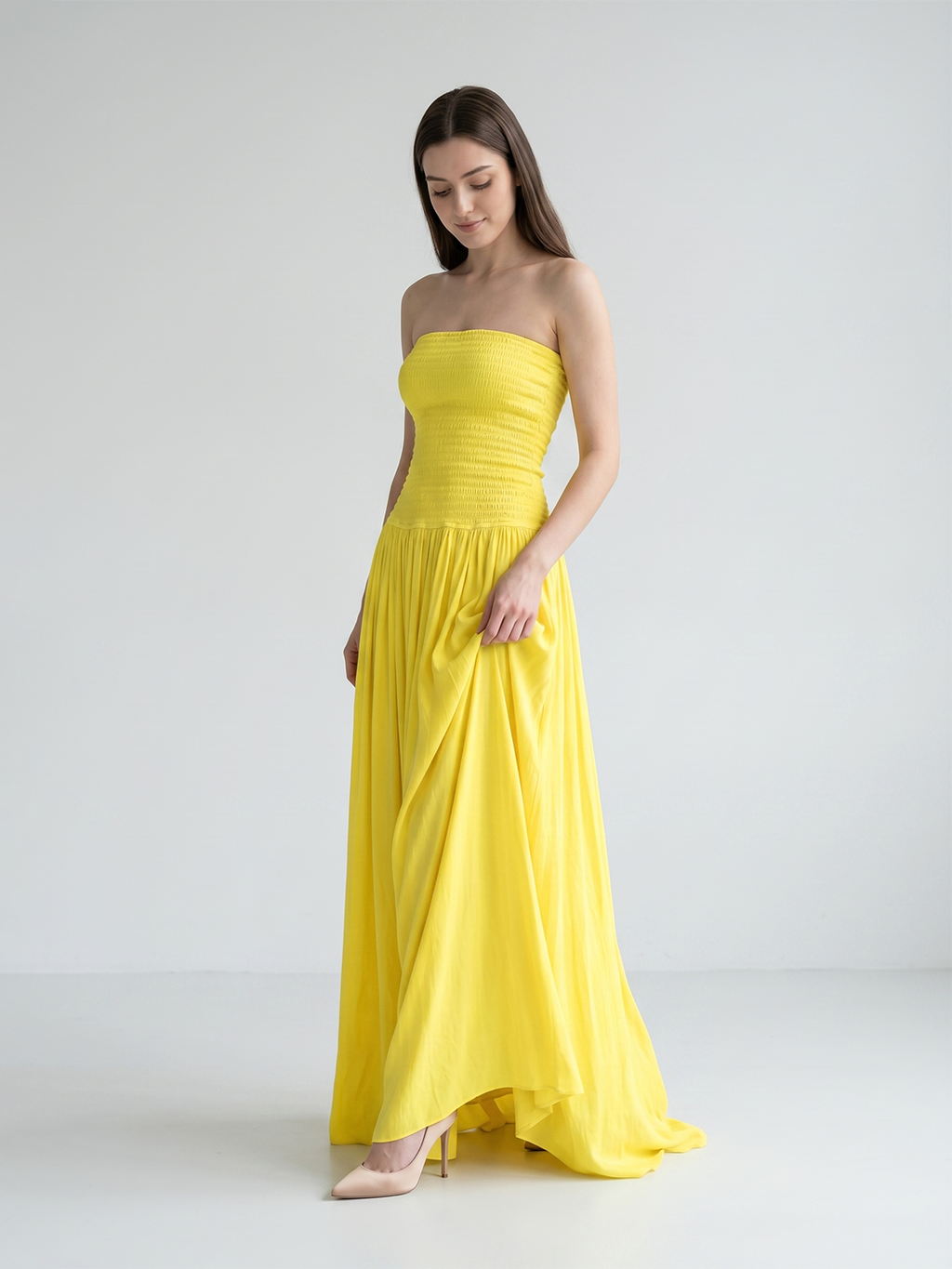 Lemon Stretch Knit A-Line Straight Neck Backless Floor-Length Bridesmaid Dress with Pleats