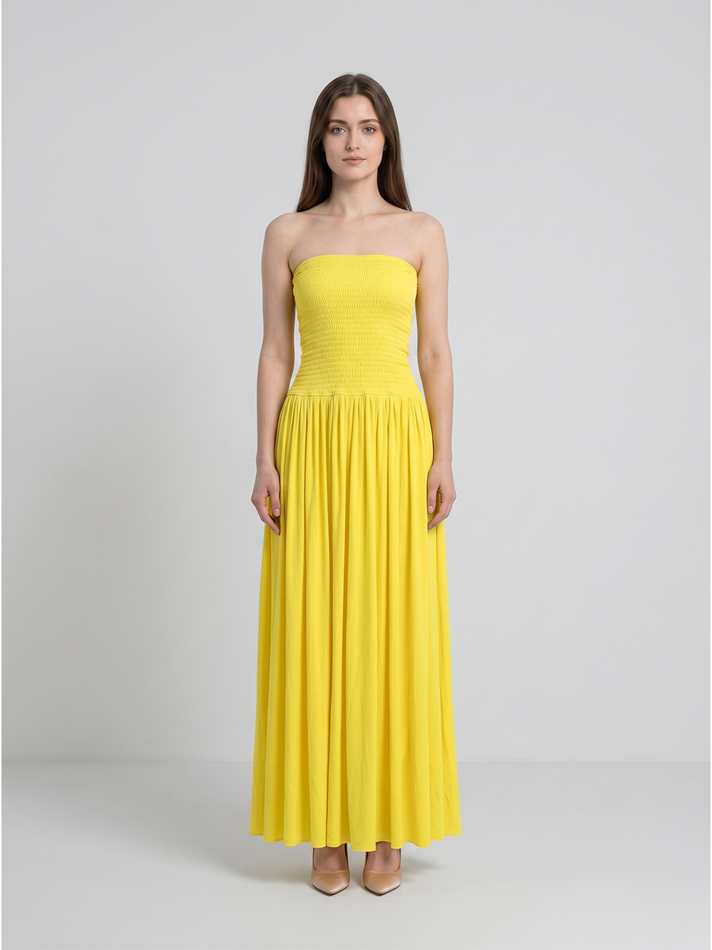 Lemon Stretch Knit A-Line Straight Neck Backless Floor-Length Bridesmaid Dress with Pleats