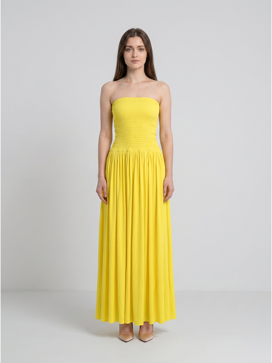 Lemon Stretch Knit A-Line Straight Neck Backless Floor-Length Bridesmaid Dress with Pleats