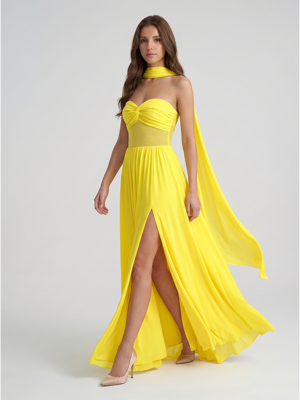 Lemon Stretch Knit A-Line Sweetheart Backless Floor-Length Bridesmaid Dress with Pleats