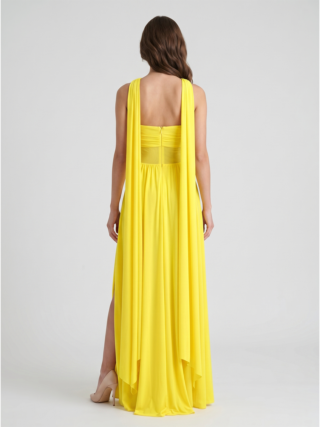 Lemon Stretch Knit A-Line Sweetheart Backless Floor-Length Bridesmaid Dress with Pleats