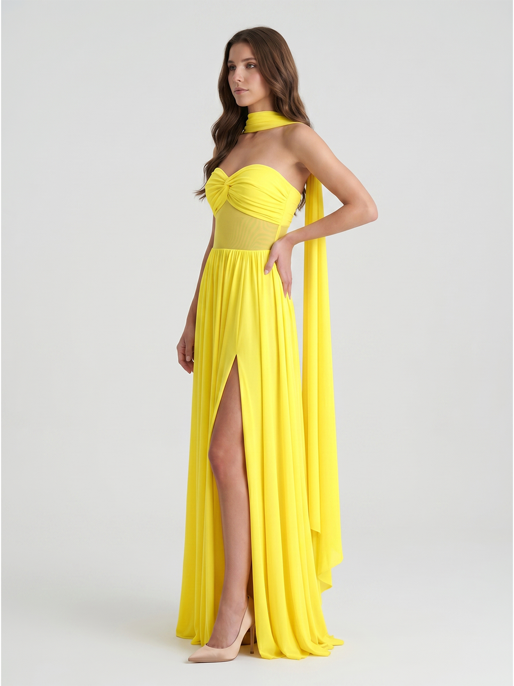 Lemon Stretch Knit A-Line Sweetheart Backless Floor-Length Bridesmaid Dress with Pleats