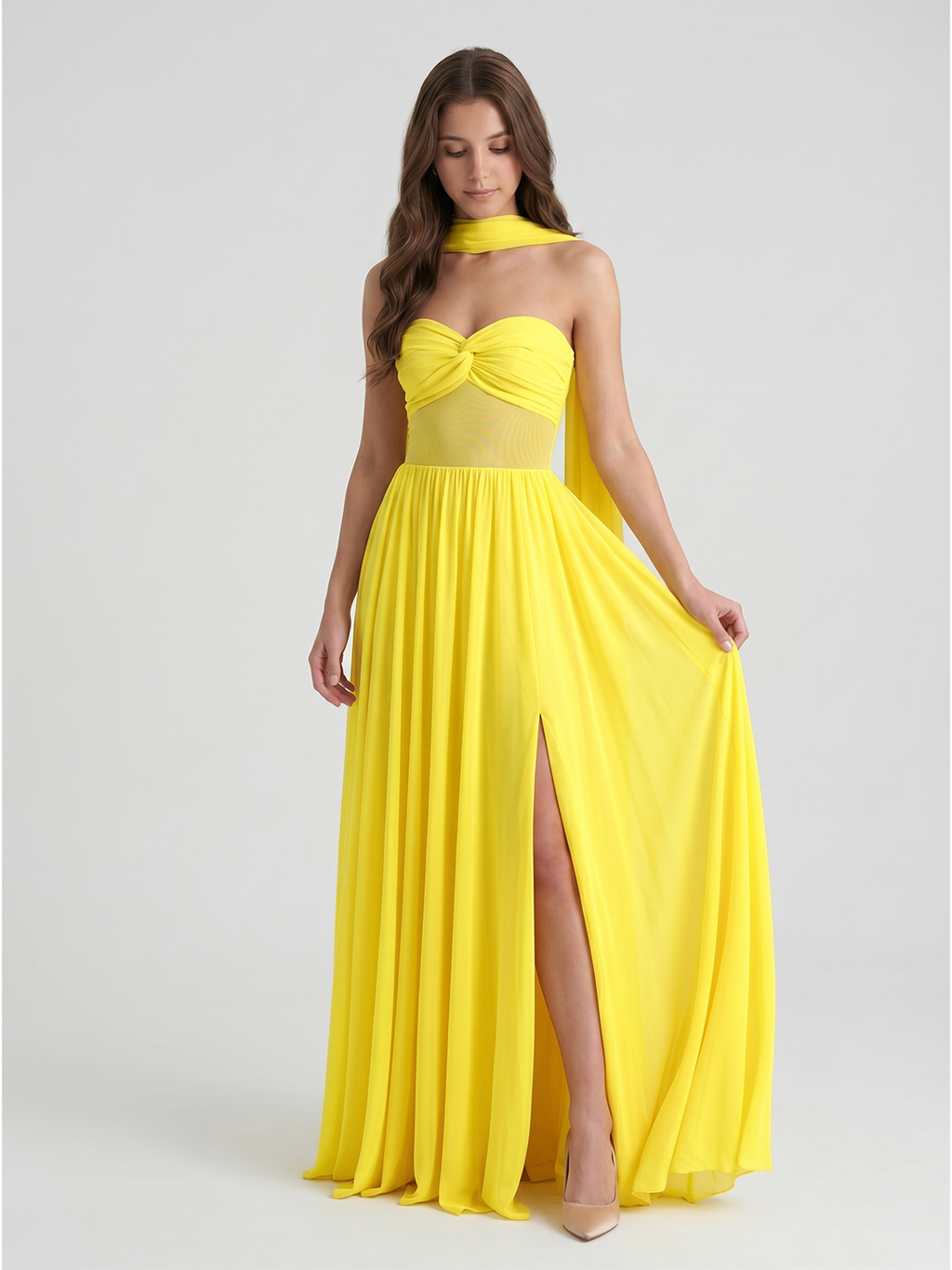 Lemon Stretch Knit A-Line Sweetheart Backless Floor-Length Bridesmaid Dress with Pleats
