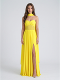 Lemon Stretch Knit A-Line Sweetheart Backless Floor-Length Bridesmaid Dress with Pleats