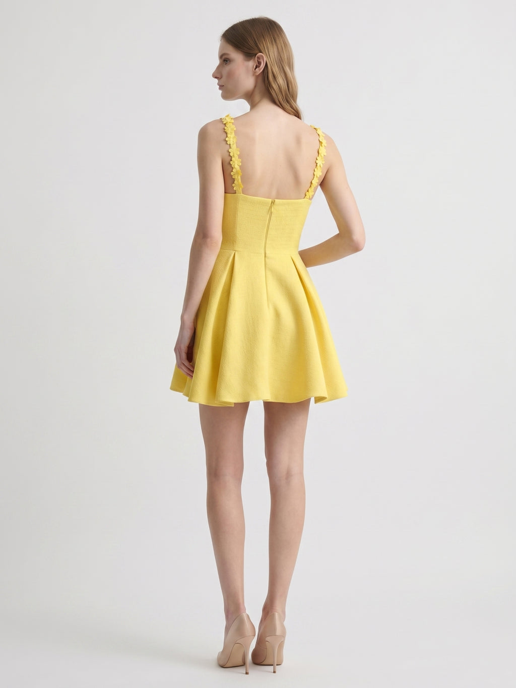 Lemon Stretch Knit A-Line V-Neck Backless Knee-Length Bridesmaid Dress with Pleats