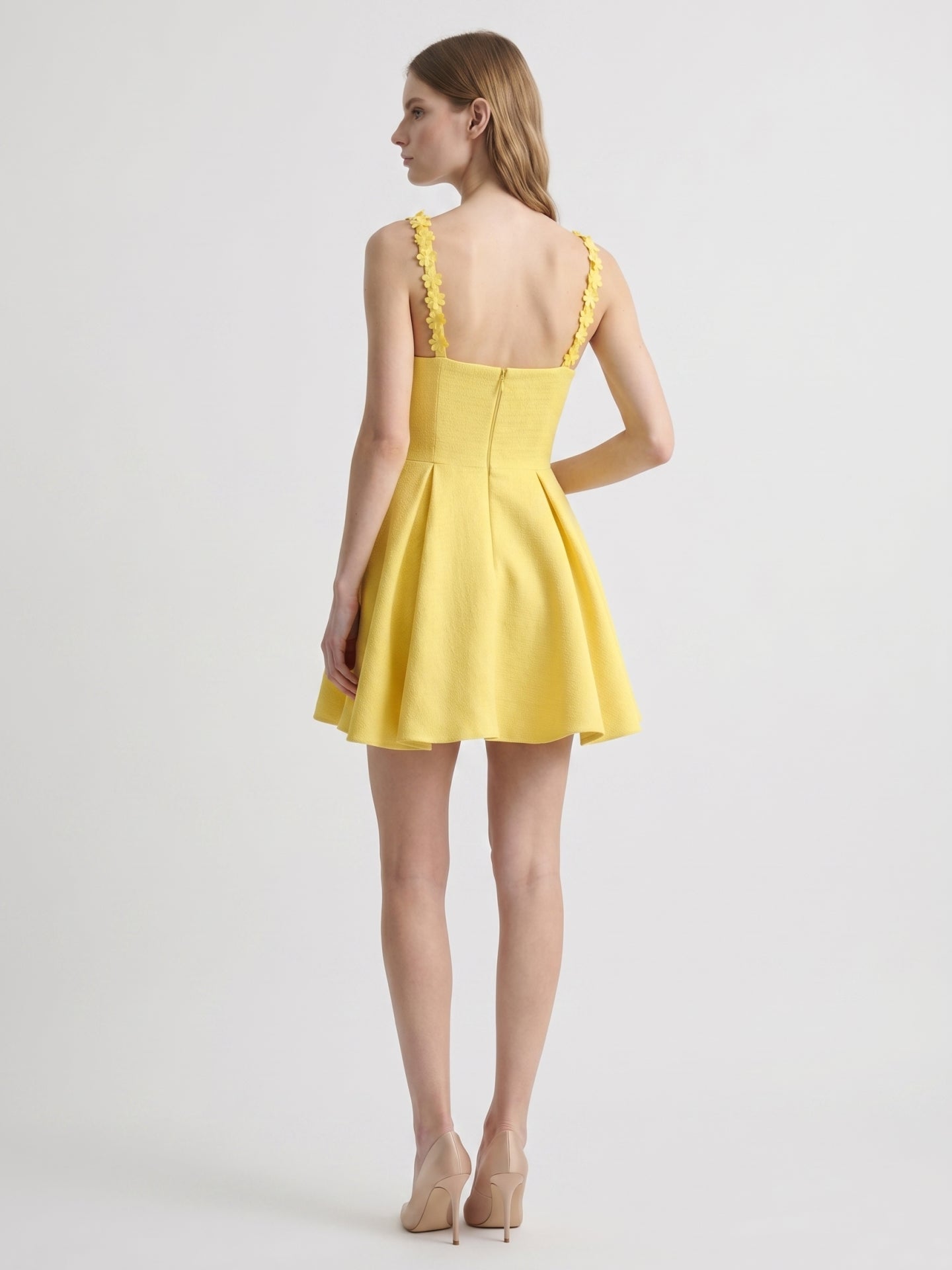 Lemon Stretch Knit A-Line V-Neck Backless Knee-Length Bridesmaid Dress with Pleats