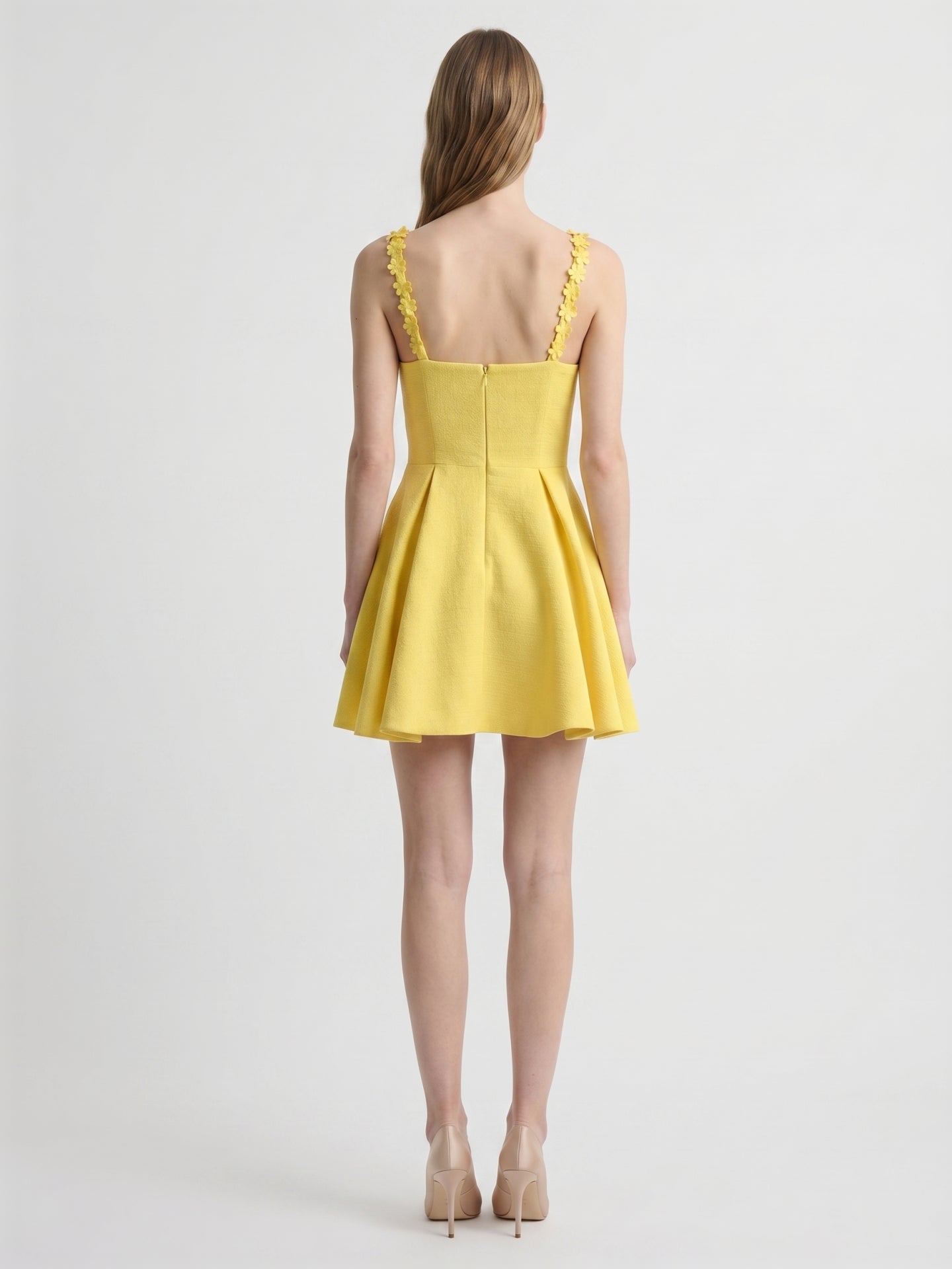 Lemon Stretch Knit A-Line V-Neck Backless Knee-Length Bridesmaid Dress with Pleats