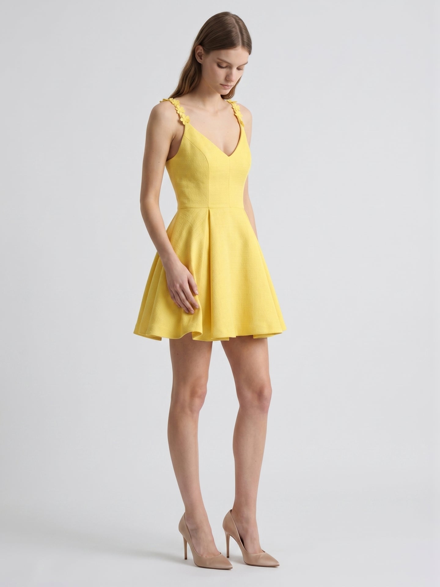 Lemon Stretch Knit A-Line V-Neck Backless Knee-Length Bridesmaid Dress with Pleats